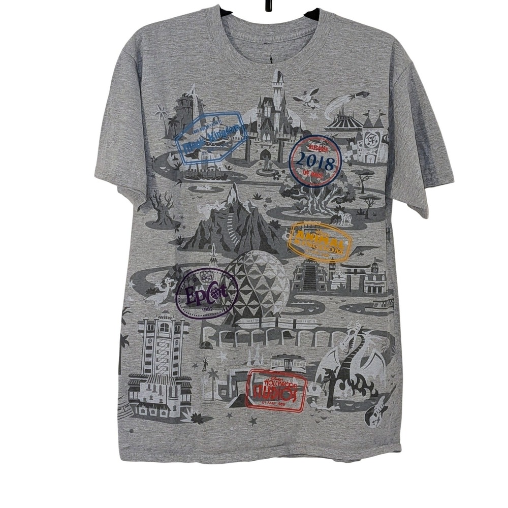 Disney Parks Mens Gray Walt Disney World Map Graphic T-Shirt Medium 2018 EPCOT